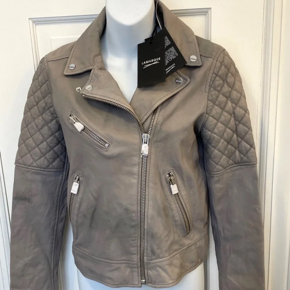 NWT Lamarque Quilted Leather Jacket Marilla Size XS Gravel Grey $675 - Picture 5 of 16